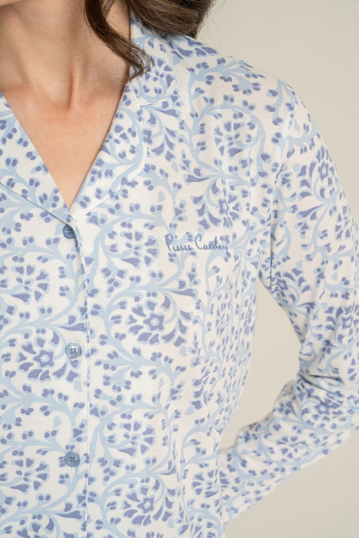 Pierre Cardin Kadın Flowers Mavi Gömlek Pijama Takımı PC9271-S-V1