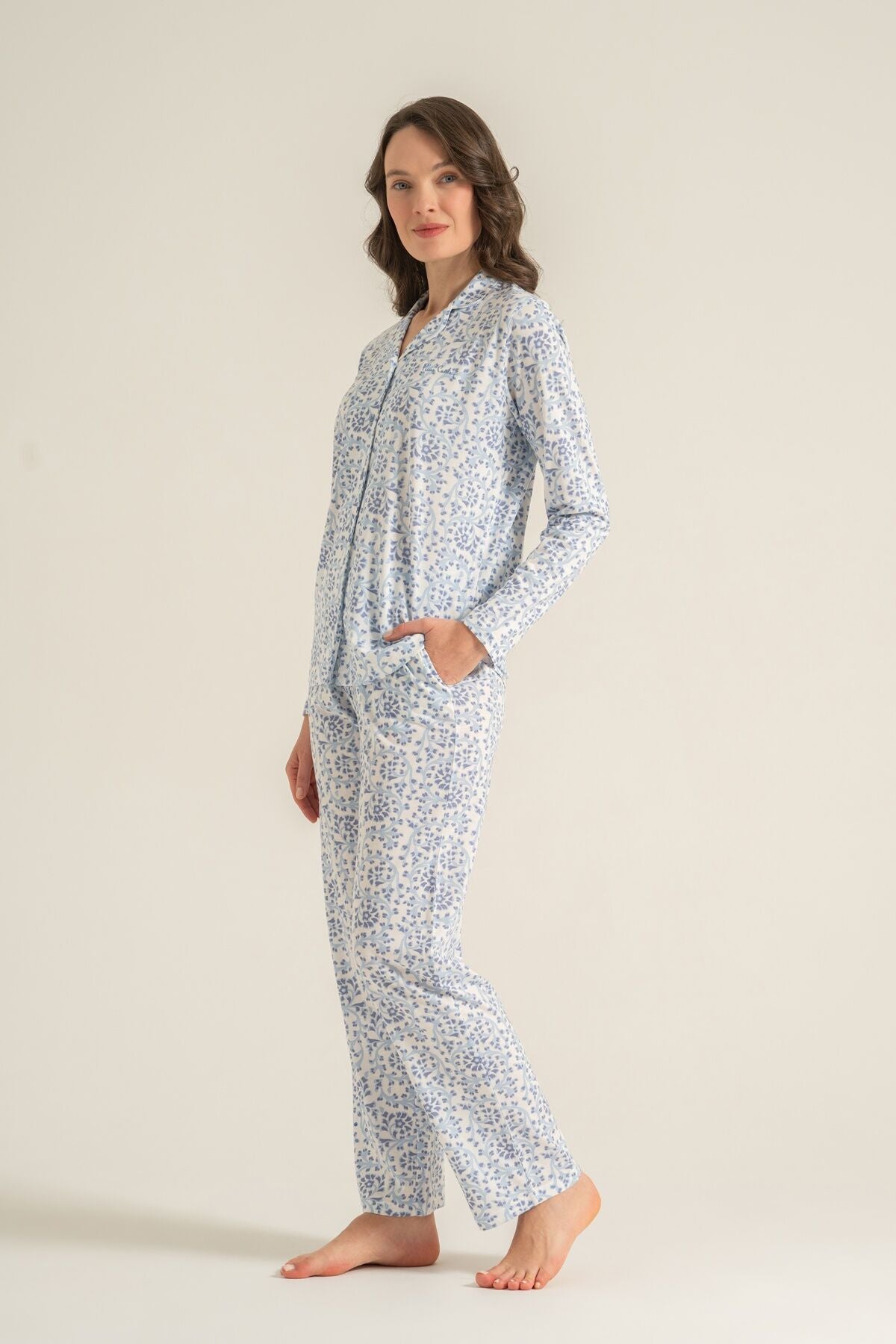 Pierre Cardin Kadın Flowers Mavi Gömlek Pijama Takımı PC9271-S-V1