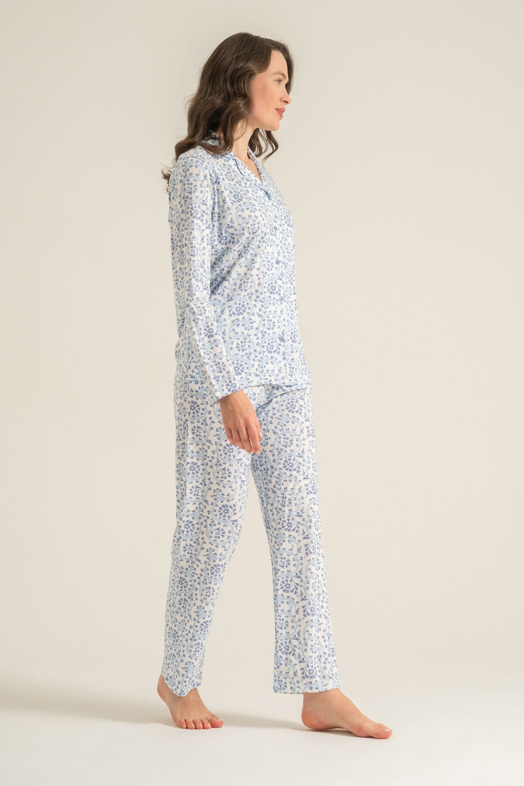 Pierre Cardin Kadın Flowers Mavi Gömlek Pijama Takımı PC9271-S-V1