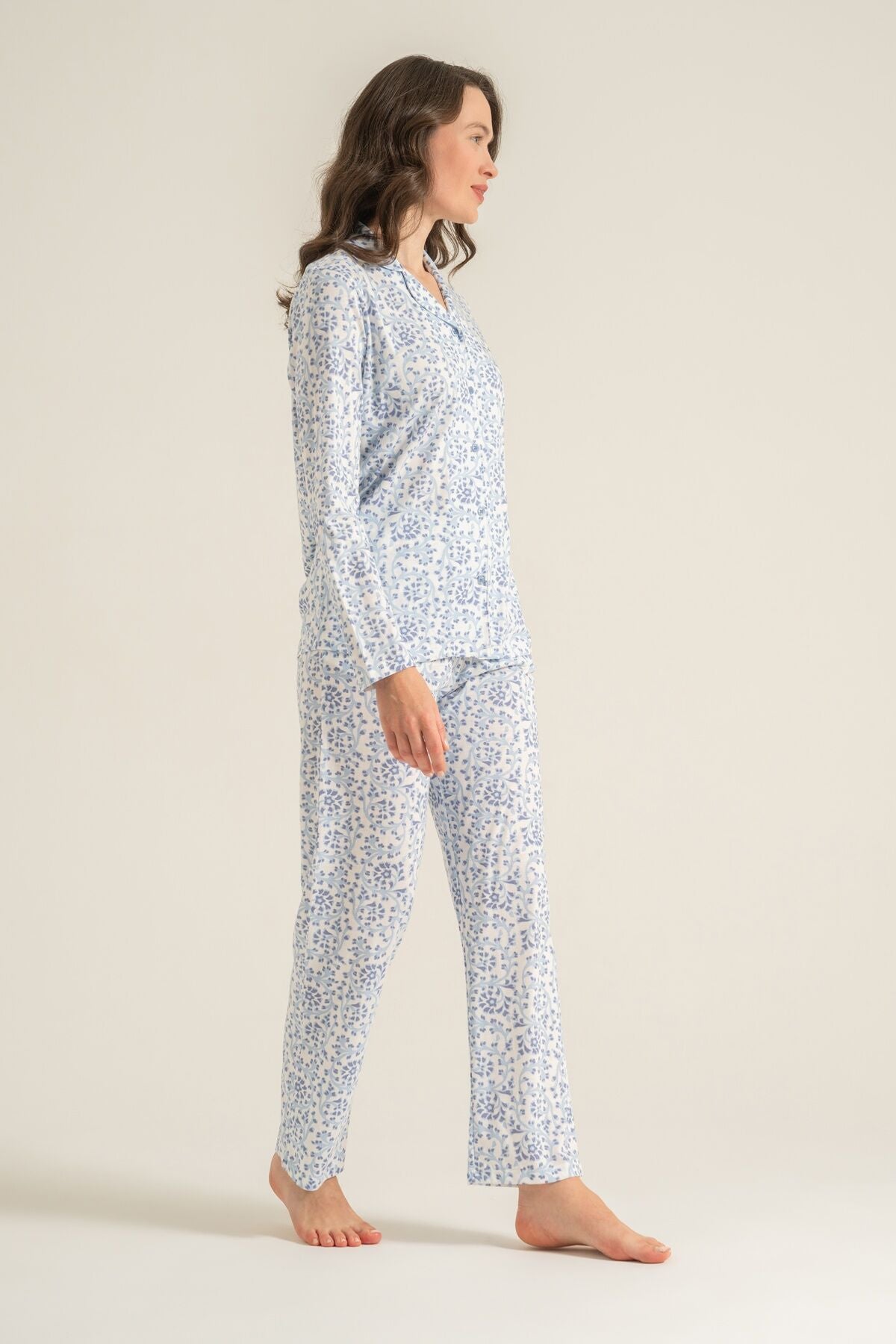 Pierre Cardin Kadın Flowers Mavi Gömlek Pijama Takımı PC9271-S-V1
