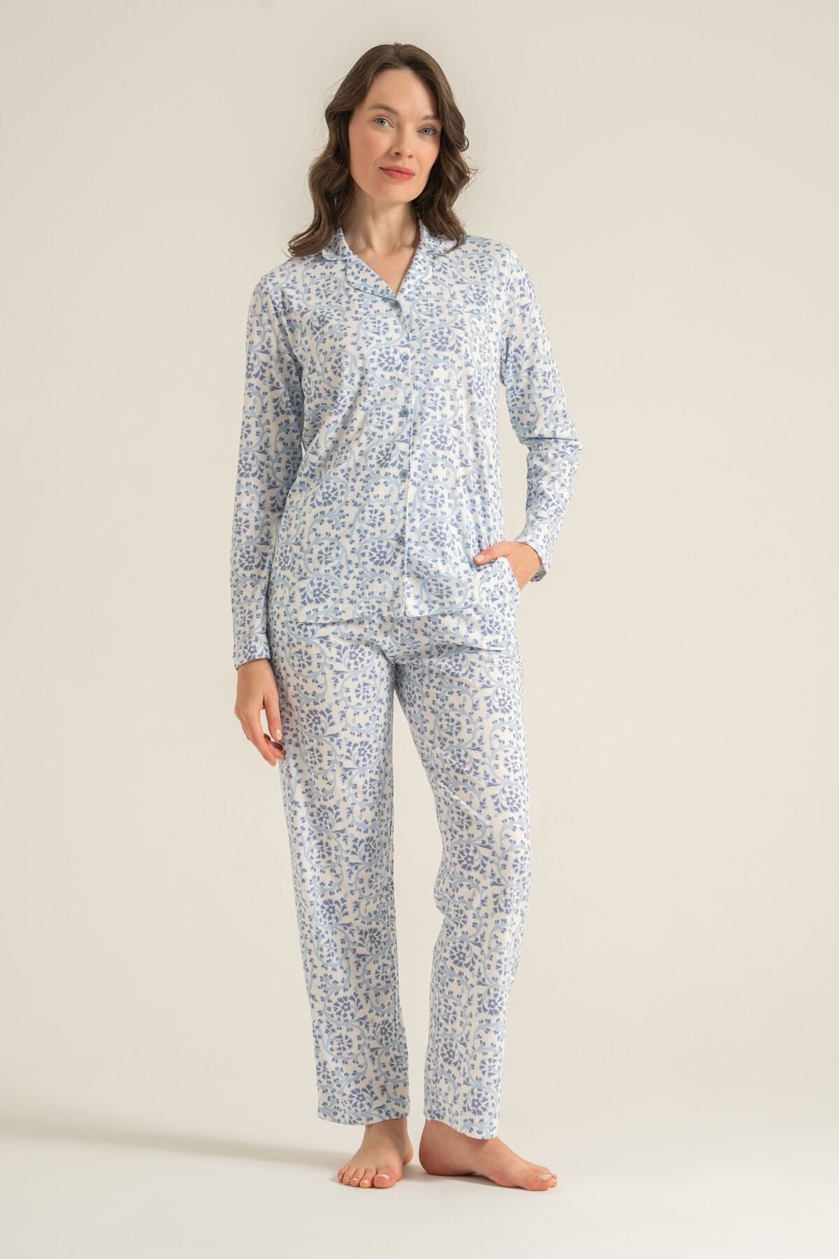 Pierre Cardin Kadın Flowers Mavi Gömlek Pijama Takımı PC9271-S-V1