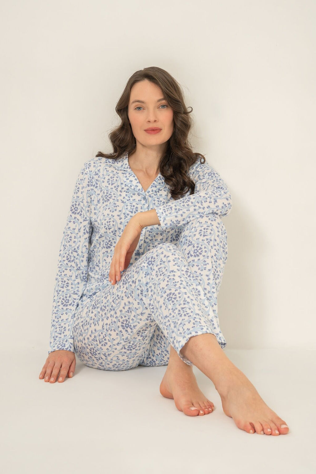 Pierre Cardin Kadın Flowers Mavi Gömlek Pijama Takımı PC9271-S-V1