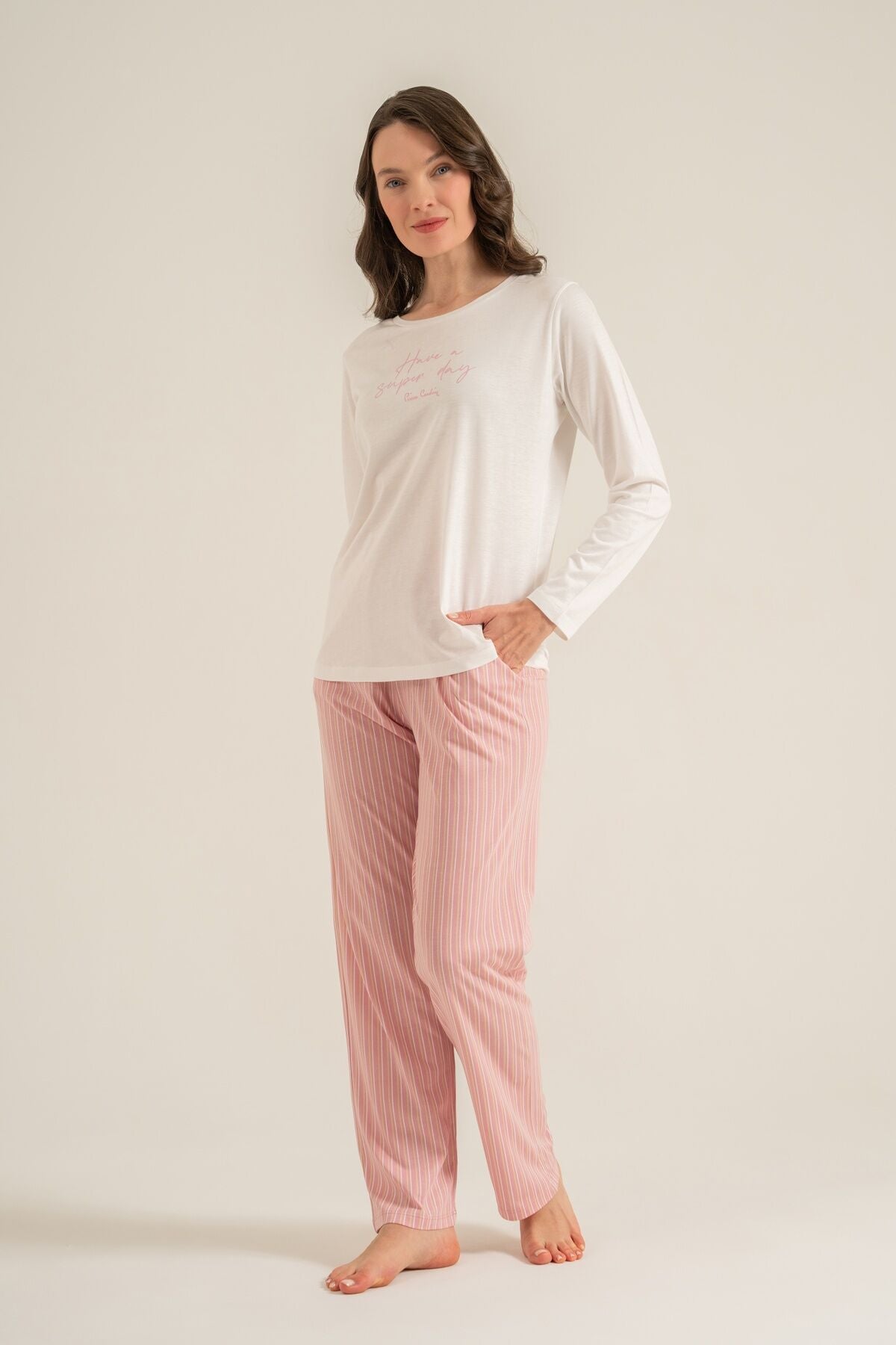 Pierre Cardin Kadın Have A Super Day Beyaz Uzun Kol Pijama Takım PC9294-S-V2