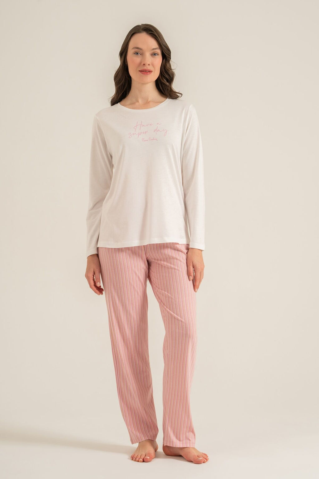 Pierre Cardin Kadın Have A Super Day Beyaz Uzun Kol Pijama Takım PC9294-S-V2