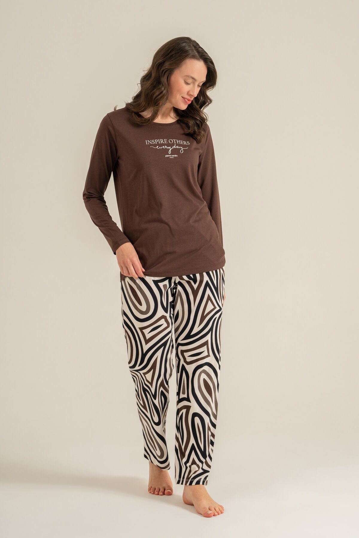 Pierre Cardin Kadın Inspire Others Everyday Kahverengi Uzun Kol Pijama Takım PC9280-S-V2