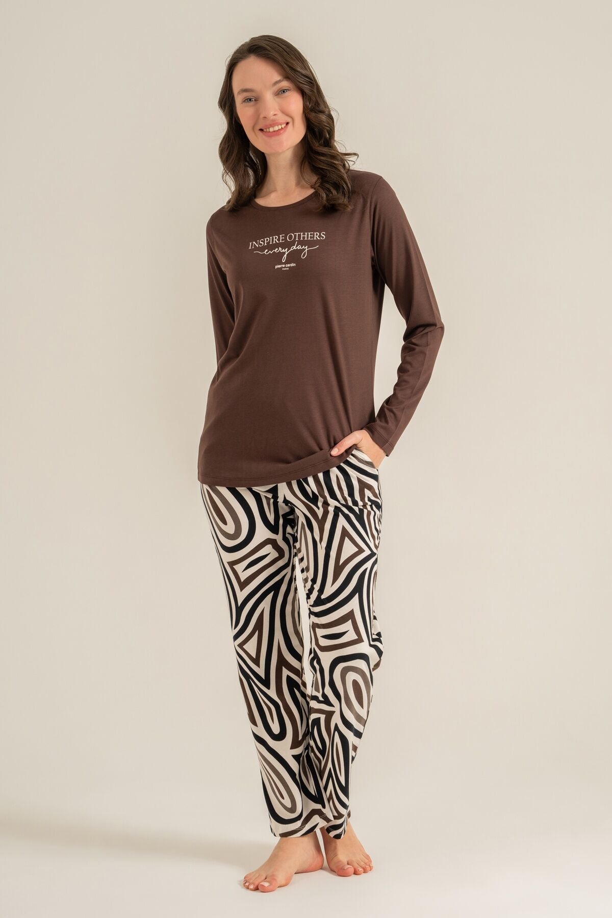 Pierre Cardin Kadın Inspire Others Everyday Kahverengi Uzun Kol Pijama Takım PC9280-S-V2