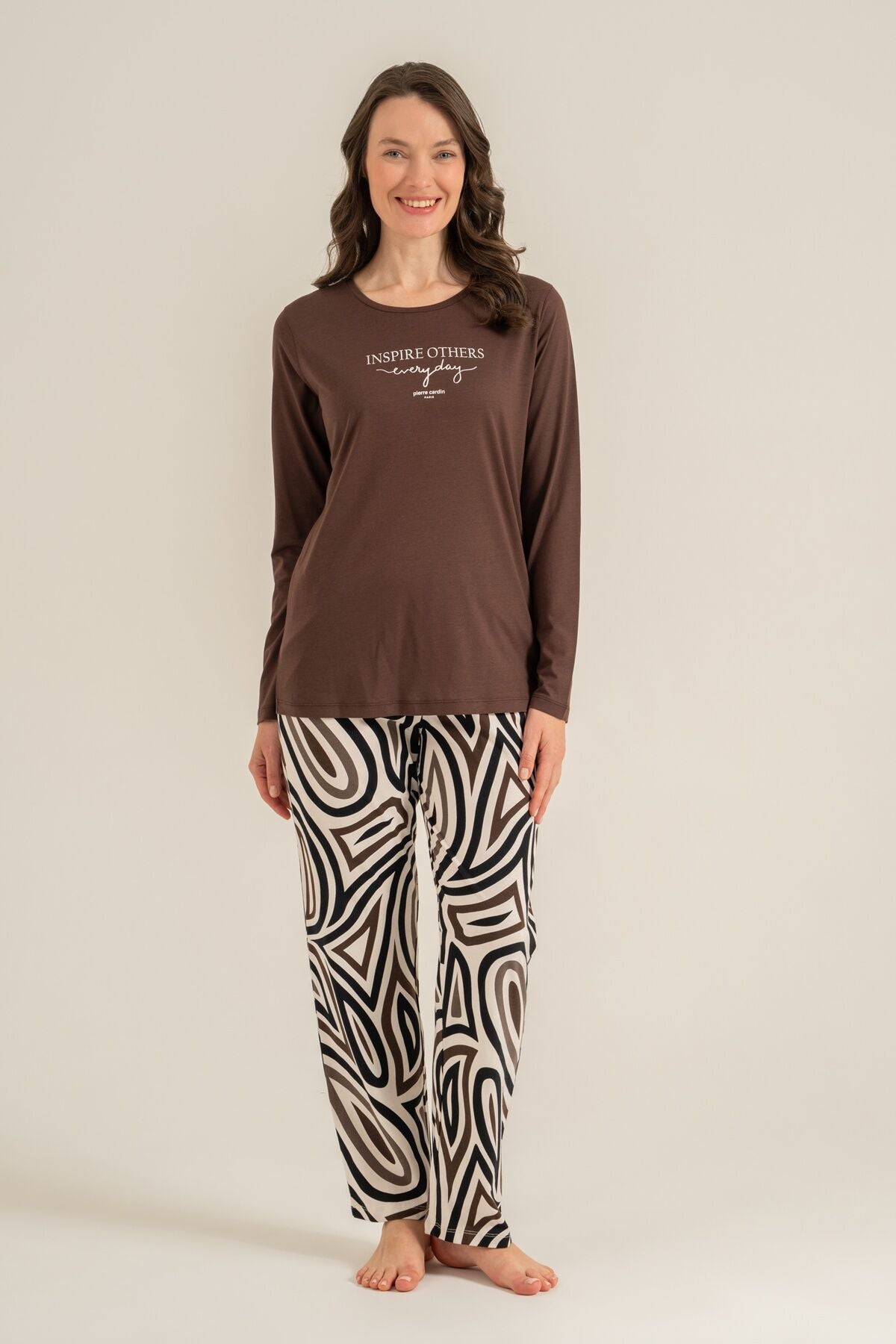 Pierre Cardin Kadın Inspire Others Everyday Kahverengi Uzun Kol Pijama Takım PC9280-S-V2