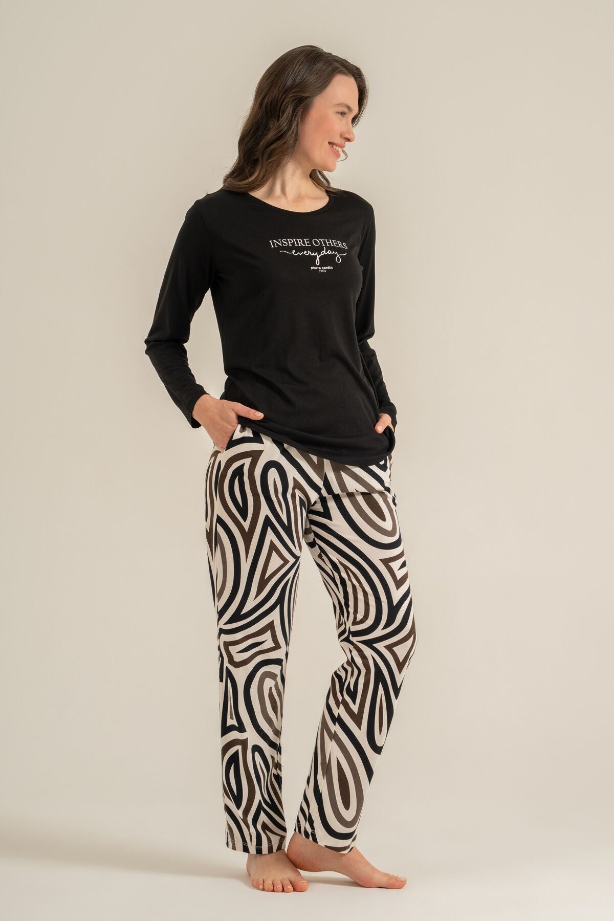 Pierre Cardin Kadın Inspire Others Everyday Siyah Uzun Kol Pijama Takım PC9280-S-V1