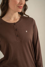 Pierre Cardin Kadın Kahverengi Uzun Kol Nakışlı Pijama Takım PC9275-S-V1