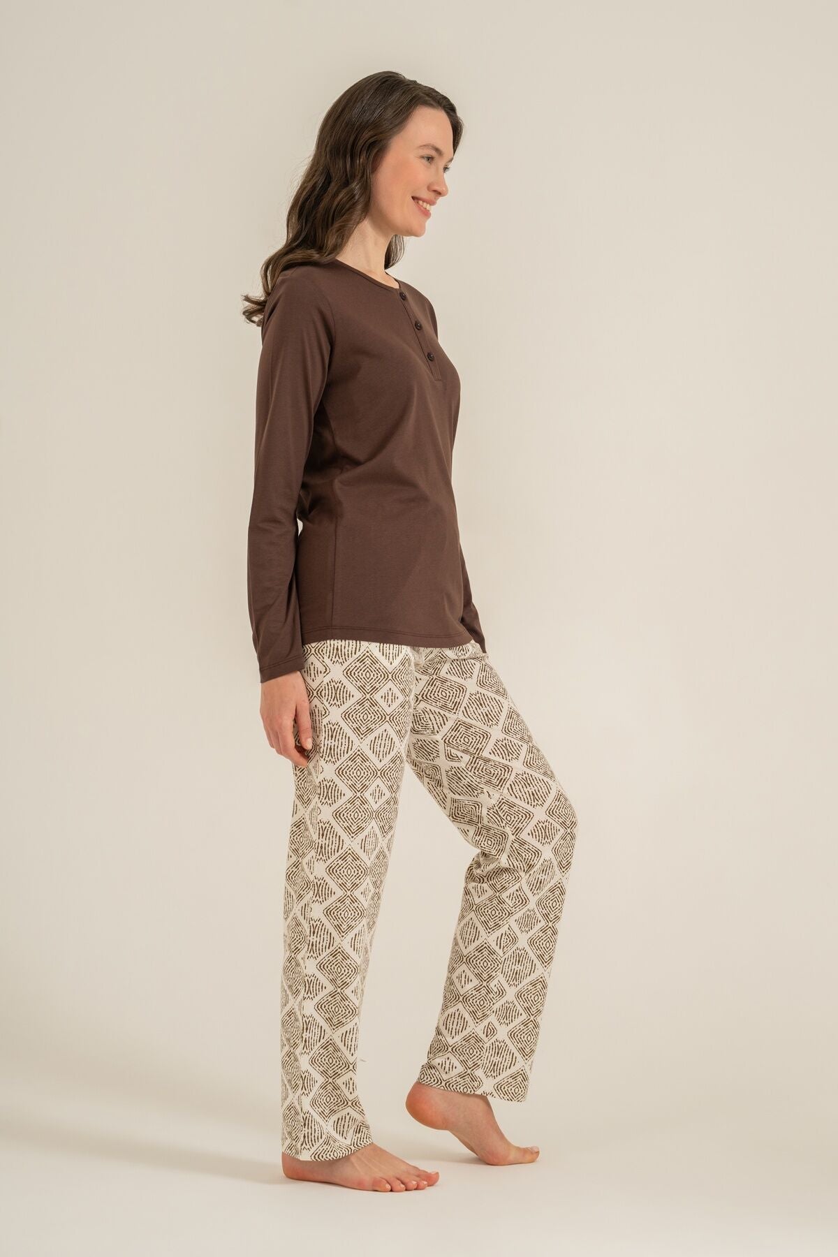Pierre Cardin Kadın Kahverengi Uzun Kol Nakışlı Pijama Takım PC9275-S-V1