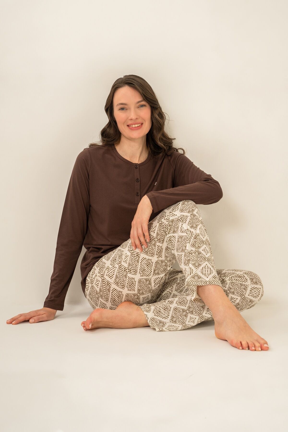 Pierre Cardin Kadın Kahverengi Uzun Kol Nakışlı Pijama Takım PC9275-S-V1