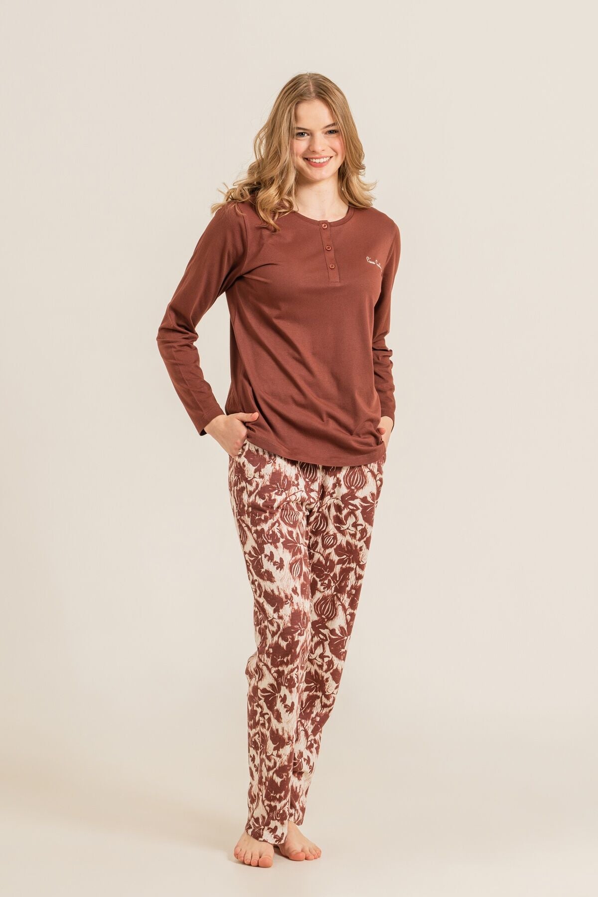 Pierre Cardin Kadın Kahverengi Uzun Kol Pijama Takım PC9264-S-V1