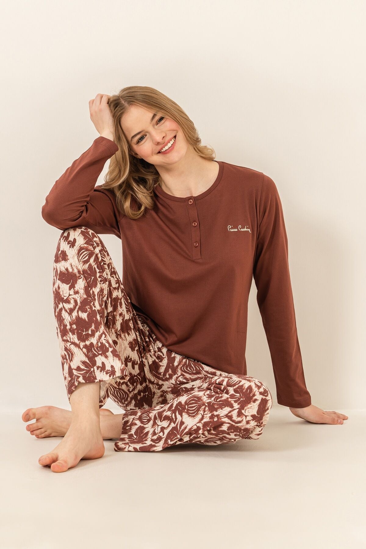 Pierre Cardin Kadın Kahverengi Uzun Kol Pijama Takım PC9264-S-V1
