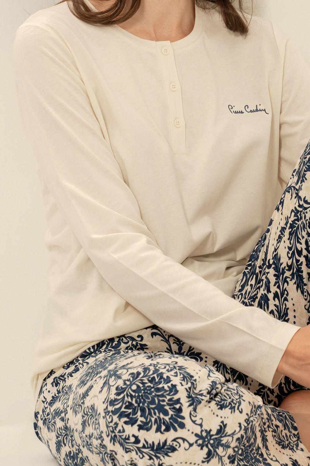 Pierre Cardin Kadın Krem Düğmeli Yaka Uzun Kol Pijama Takım PC9285-S-V2