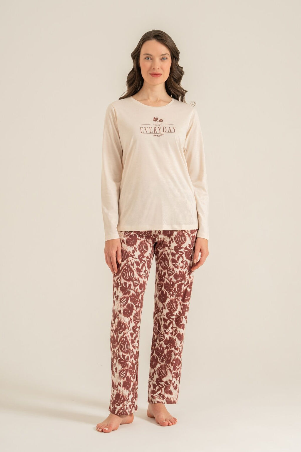 Pierre Cardin Kadın Leaves Krem Uzun Kol Pijama Takım PC9263-S-V1