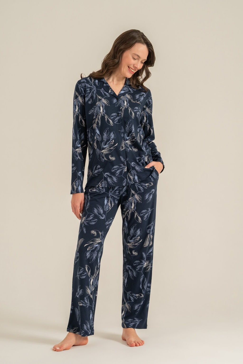 Pierre Cardin Kadın Leaves Lacivert Gömlek Pijama Takımı PC9259-S-V1