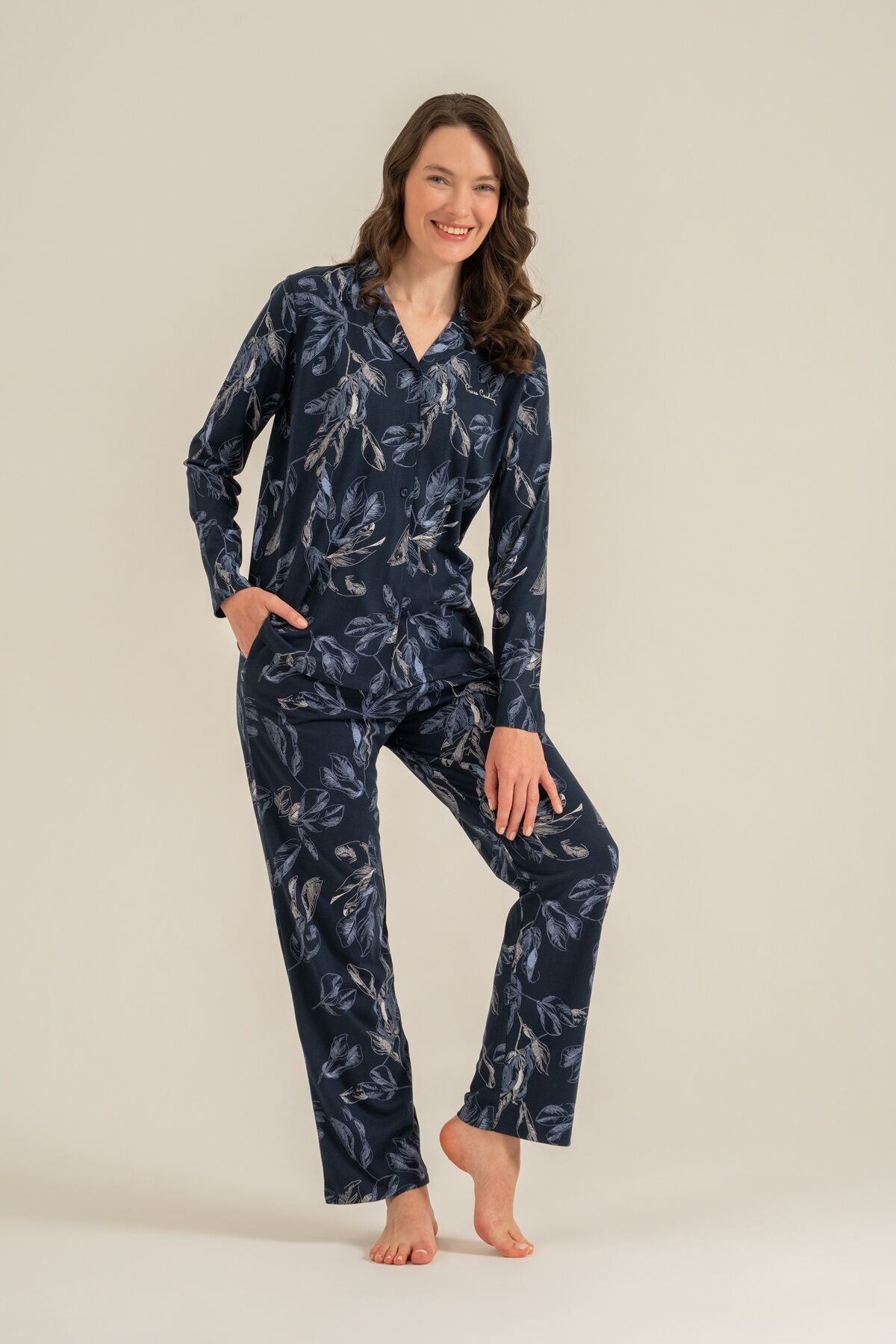 Pierre Cardin Kadın Leaves Lacivert Gömlek Pijama Takımı PC9259-S-V1