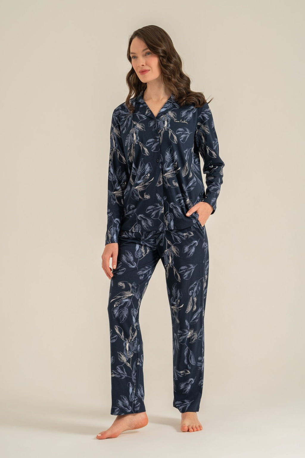 Pierre Cardin Kadın Leaves Lacivert Gömlek Pijama Takımı PC9259-S-V1