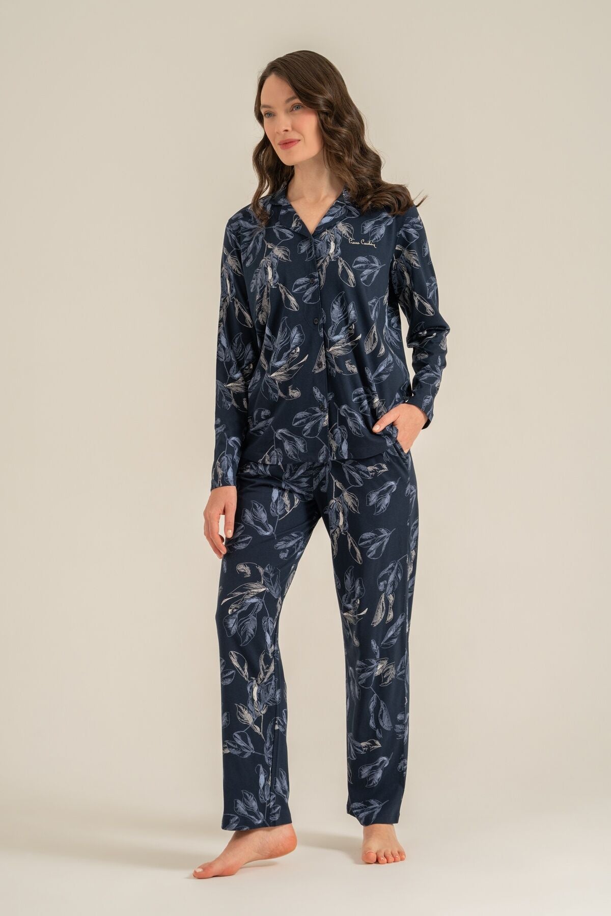 Pierre Cardin Kadın Leaves Lacivert Gömlek Pijama Takımı PC9259-S-V1