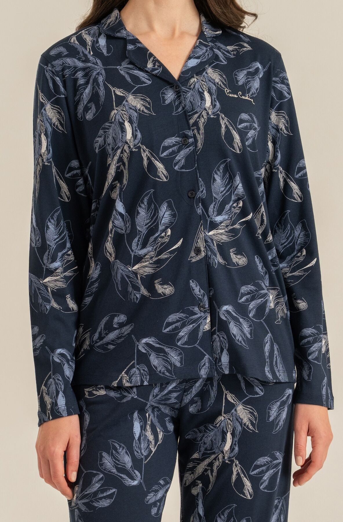 Pierre Cardin Kadın Leaves Lacivert Gömlek Pijama Takımı PC9259-S-V1