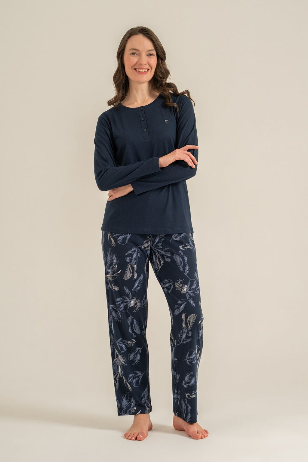 Pierre Cardin Kadın Leaves Lacivert Uzun Kol Pijama Takım PC9258-S-V1