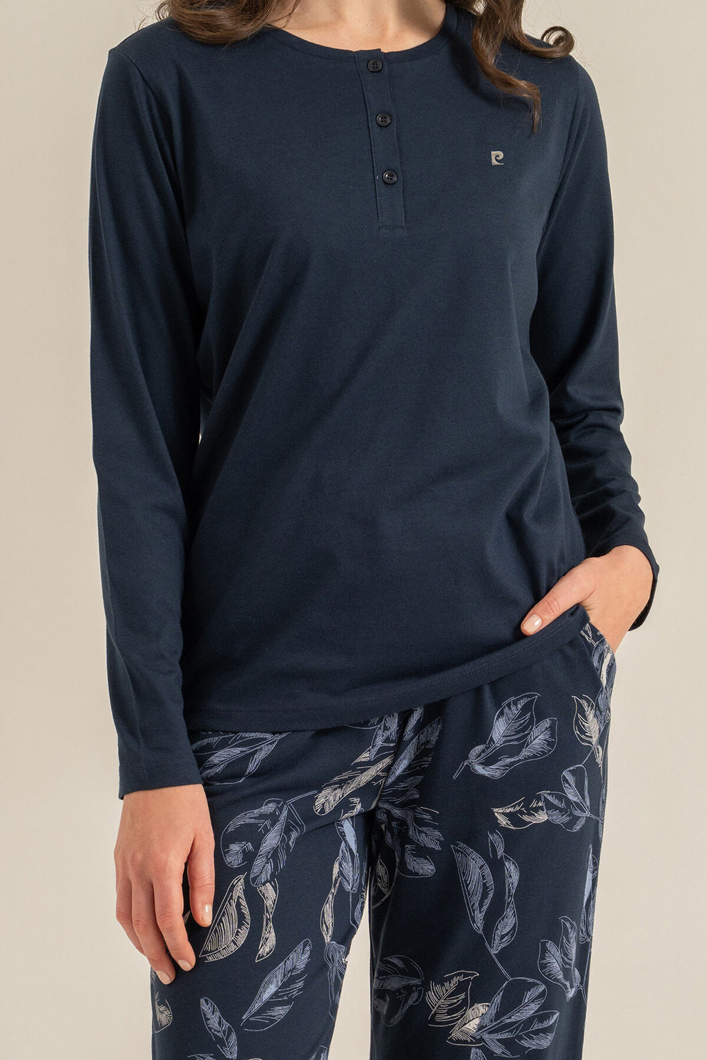 Pierre Cardin Kadın Leaves Lacivert Uzun Kol Pijama Takım PC9258-S-V1