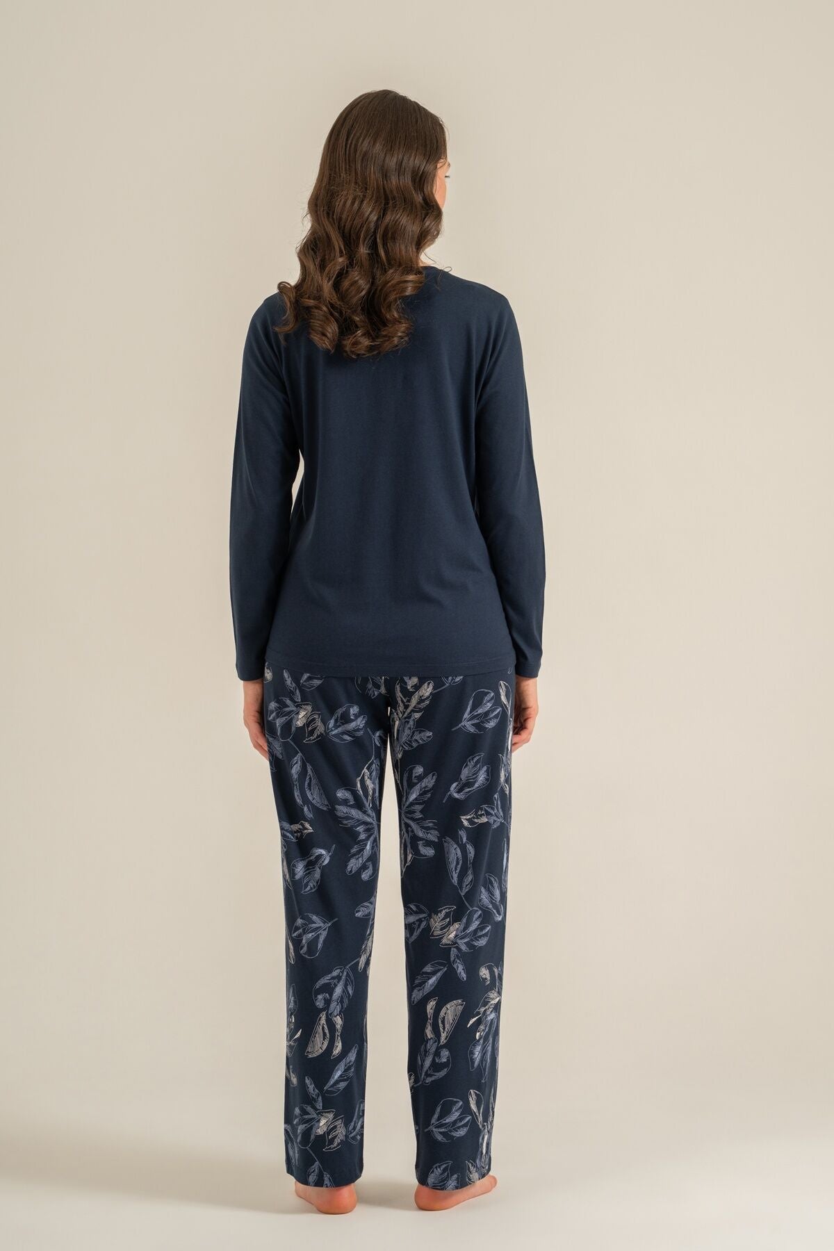 Pierre Cardin Kadın Leaves Lacivert Uzun Kol Pijama Takım PC9258-S-V1