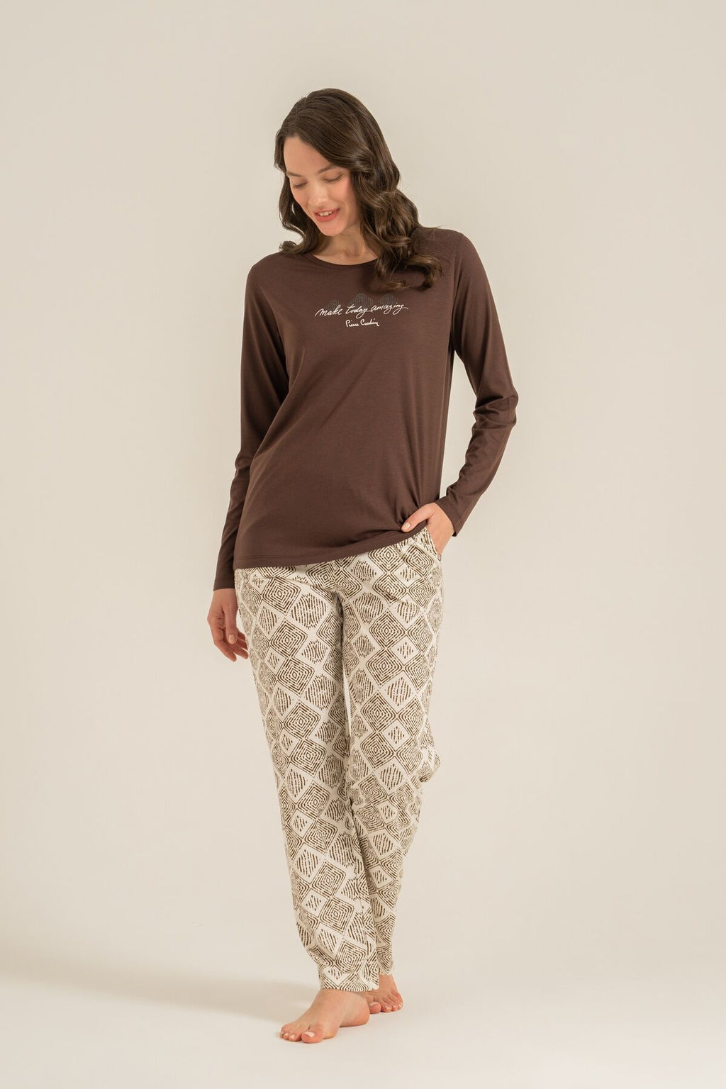 Pierre Cardin Kadın Make Today Amazing Kahverengi Uzun Kol Pijama Takım PC9274-S-V1