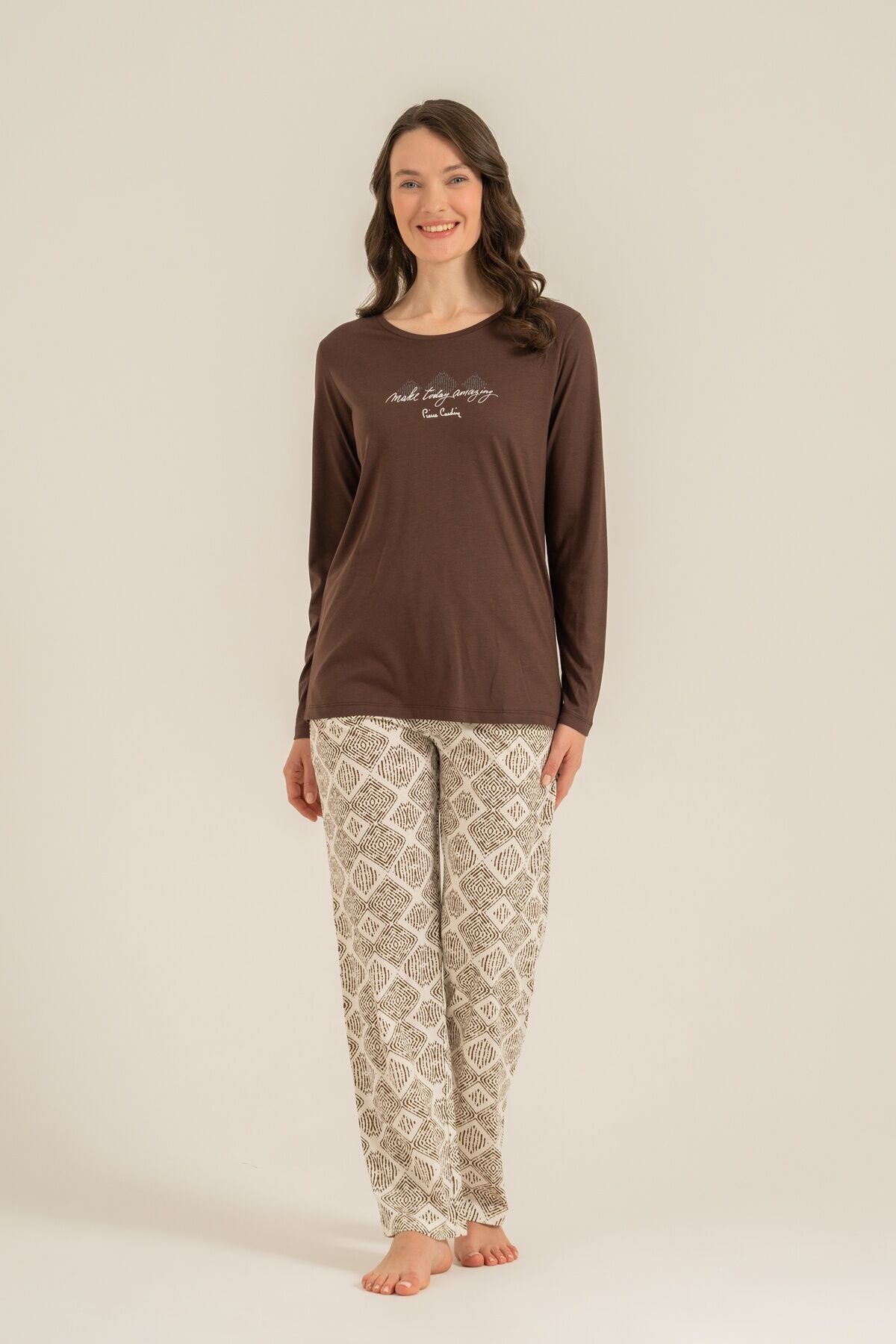 Pierre Cardin Kadın Make Today Amazing Kahverengi Uzun Kol Pijama Takım PC9274-S-V1