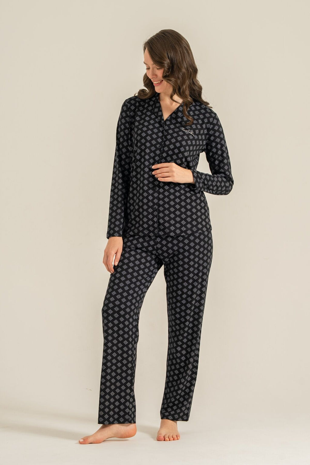 Pierre Cardin Kadın Siyah Nakışlı Gömlek Pijama Takımı PC9290-S-V1