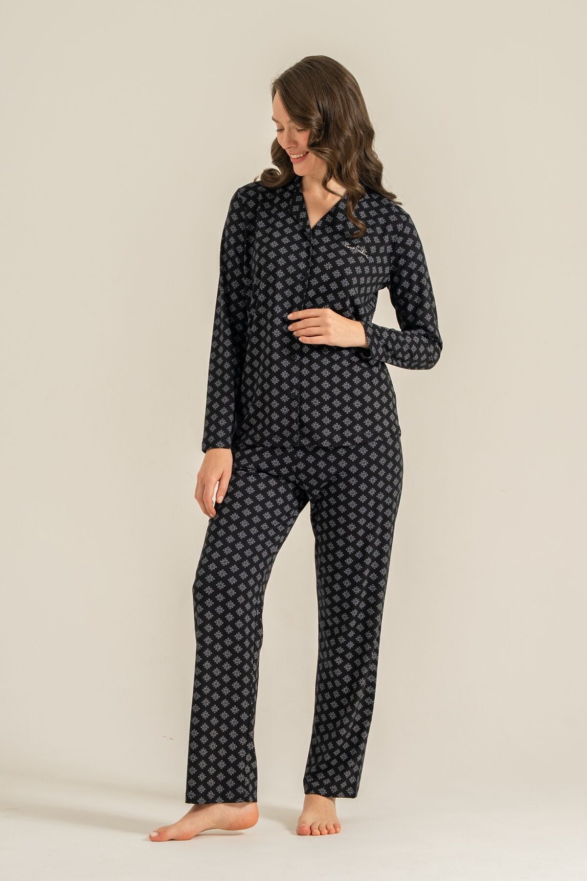 Pierre Cardin Kadın Siyah Nakışlı Gömlek Pijama Takımı PC9290-S-V1