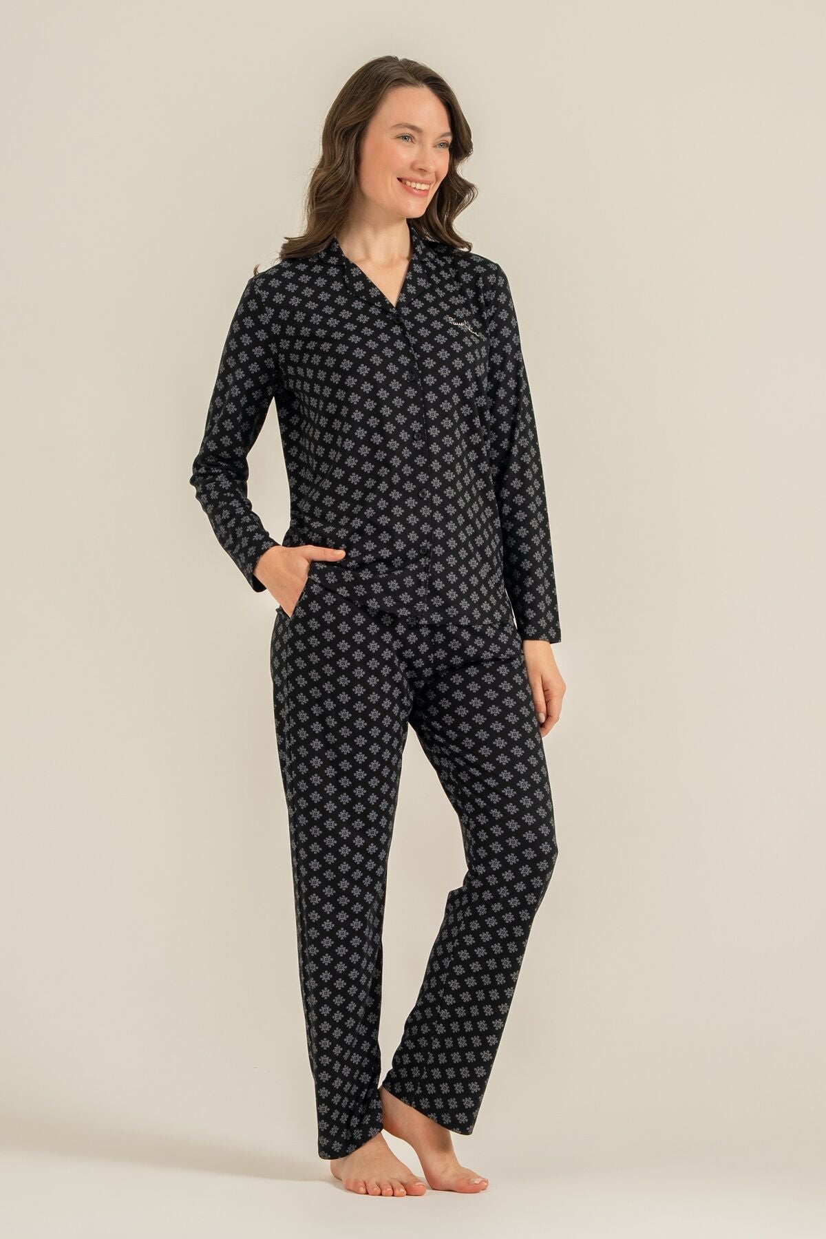 Pierre Cardin Kadın Siyah Nakışlı Gömlek Pijama Takımı PC9290-S-V1