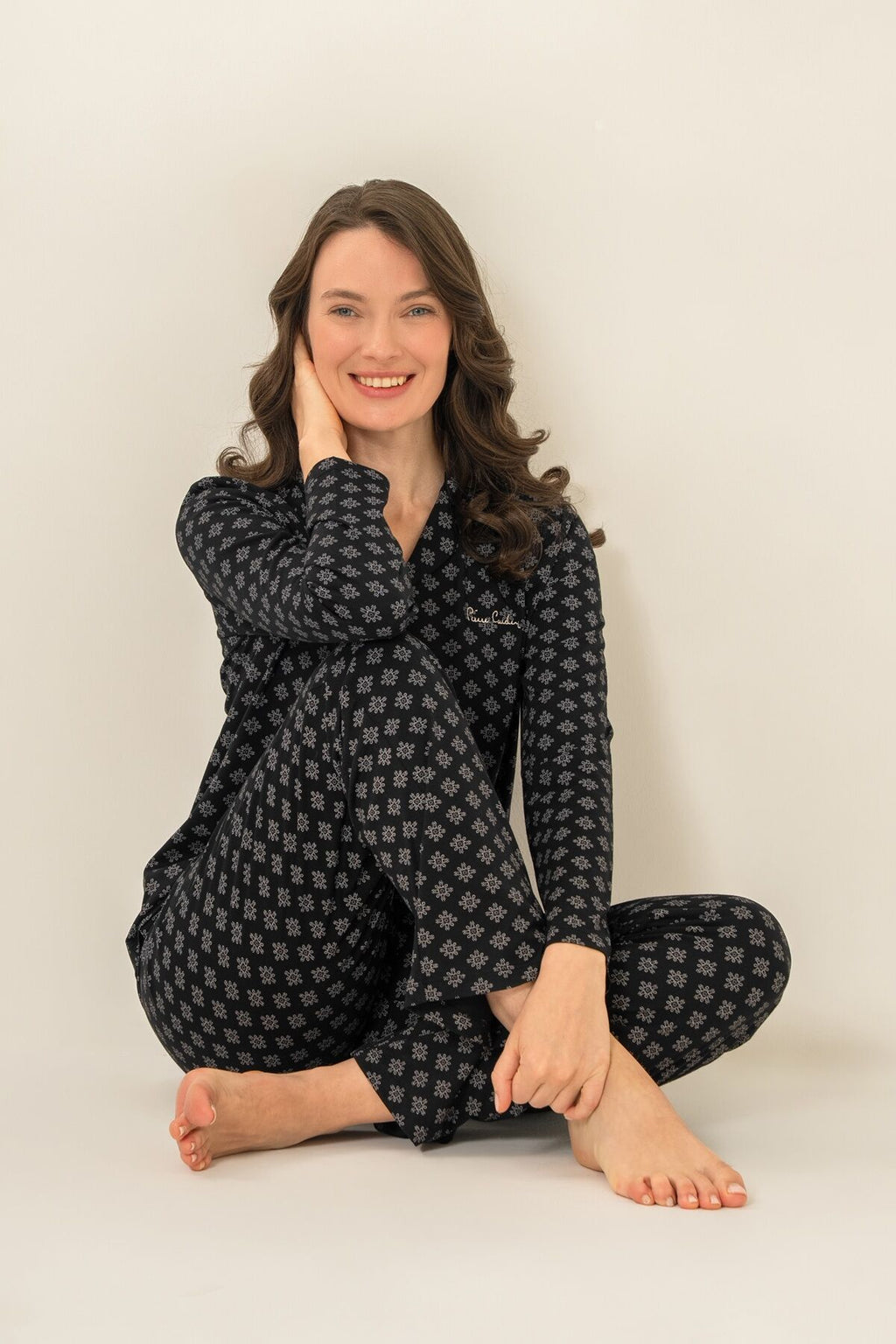 Pierre Cardin Kadın Siyah Nakışlı Gömlek Pijama Takımı PC9290-S-V1