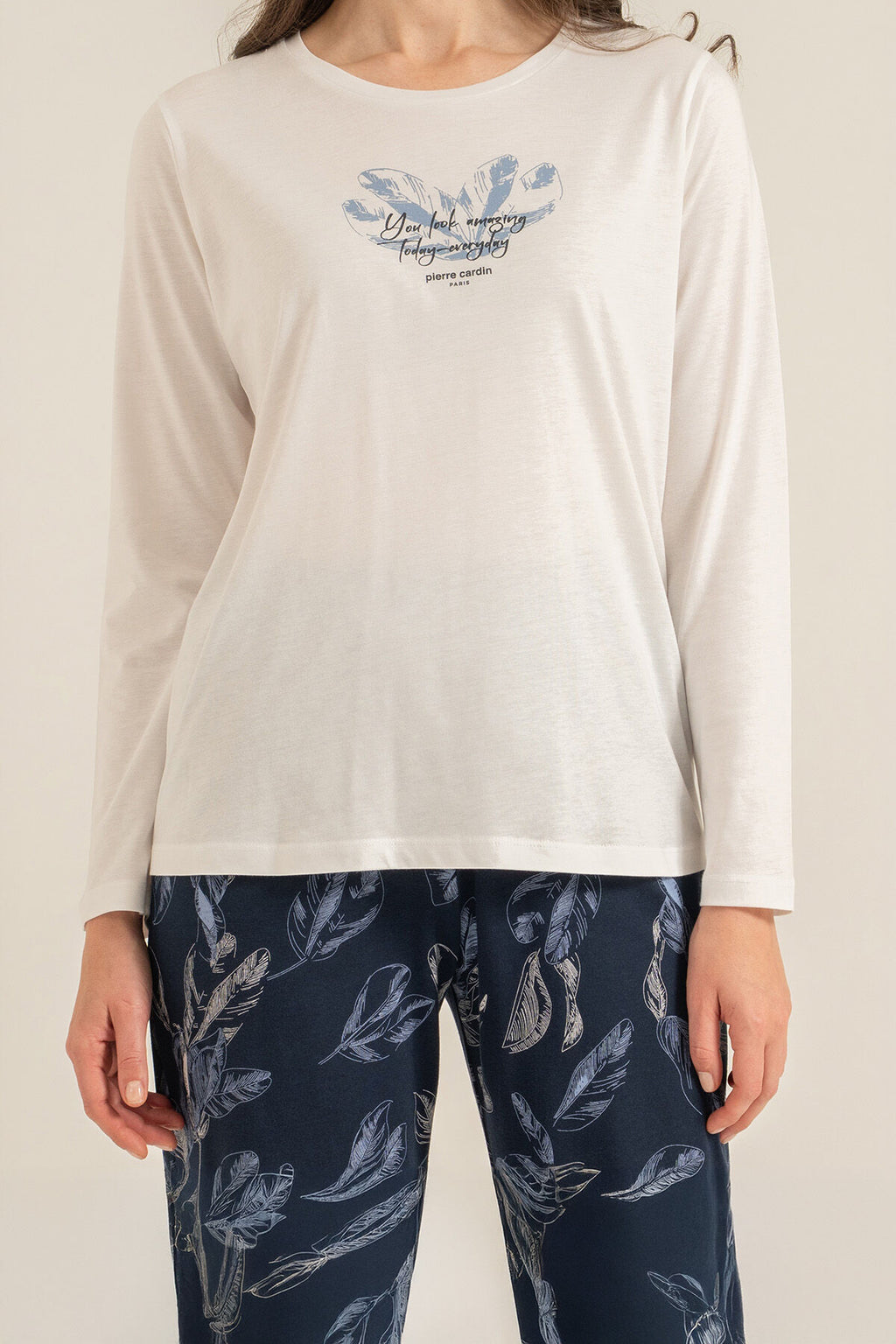 Pierre Cardin Kadın You Look Amazing Today Krem Uzun Kol Pijama Takım PC9257-S-V2