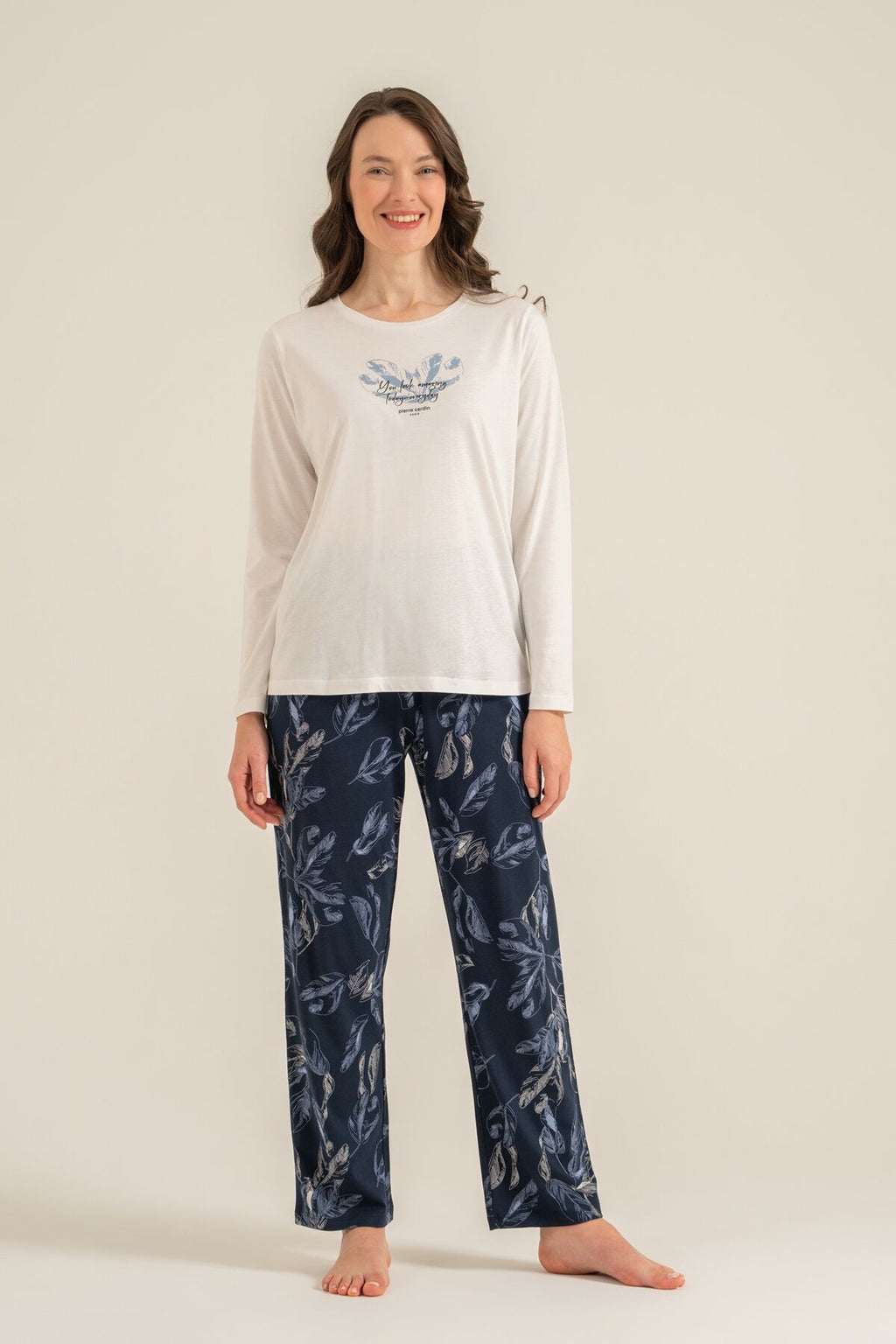 Pierre Cardin Kadın You Look Amazing Today Krem Uzun Kol Pijama Takım PC9257-S-V2