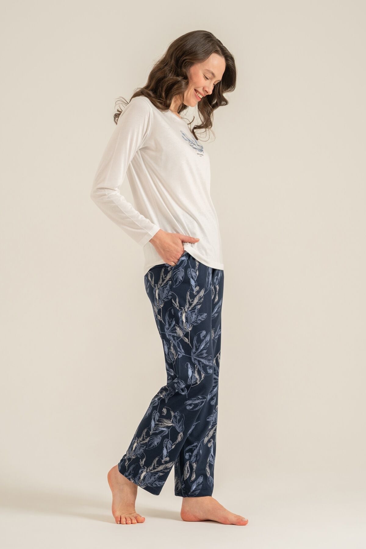 Pierre Cardin Kadın You Look Amazing Today Krem Uzun Kol Pijama Takım PC9257-S-V2