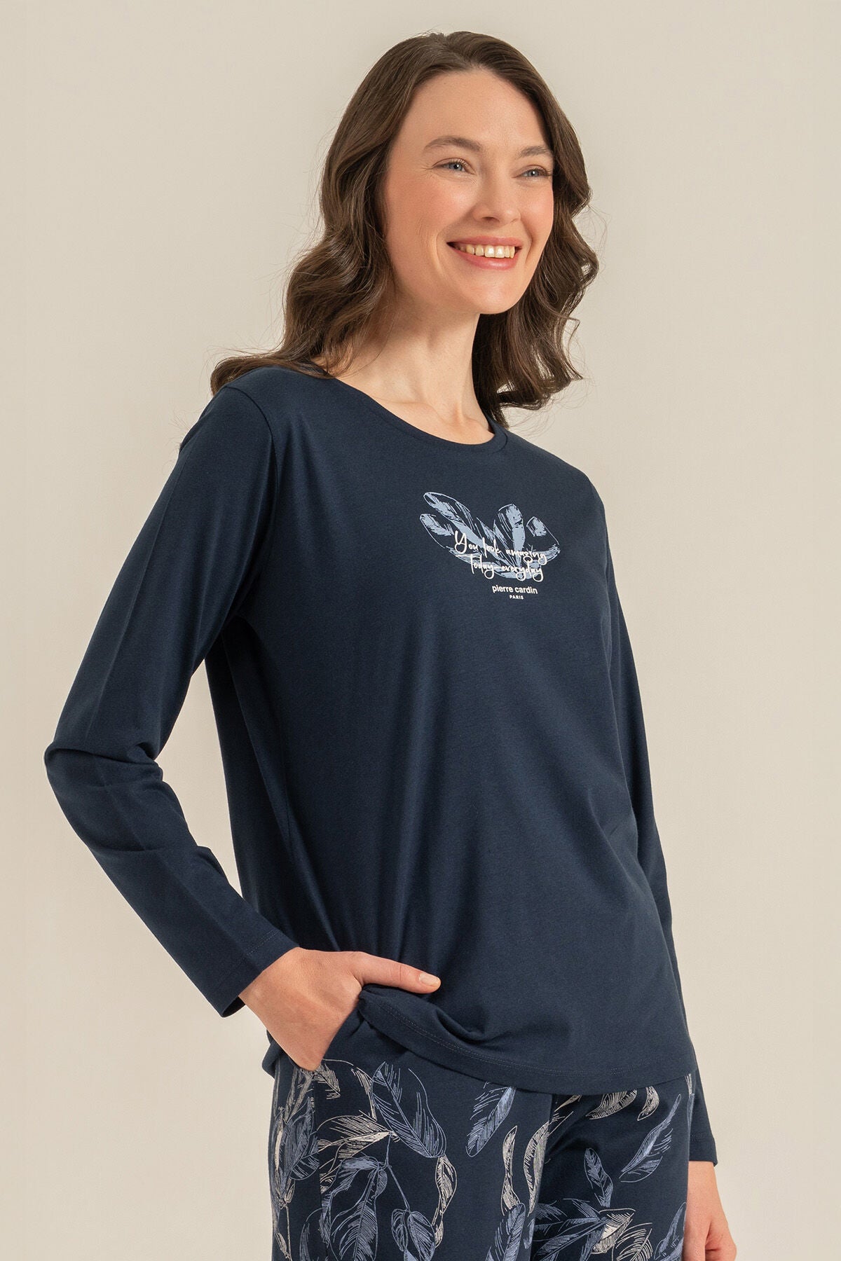 Pierre Cardin Kadın You Look Amazing Today Lacivert Uzun Kol Pijama Takım PC9257-S-V1