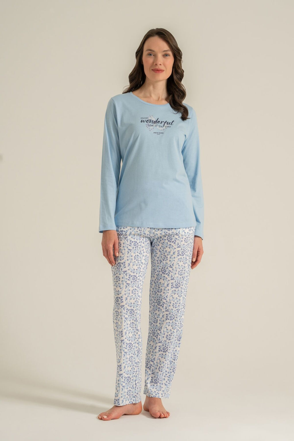 Pierre Cardin Most Wonderful Time Of The Year Kadın Mavi Uzun Kol Pijama Takım PC9269-S-V1