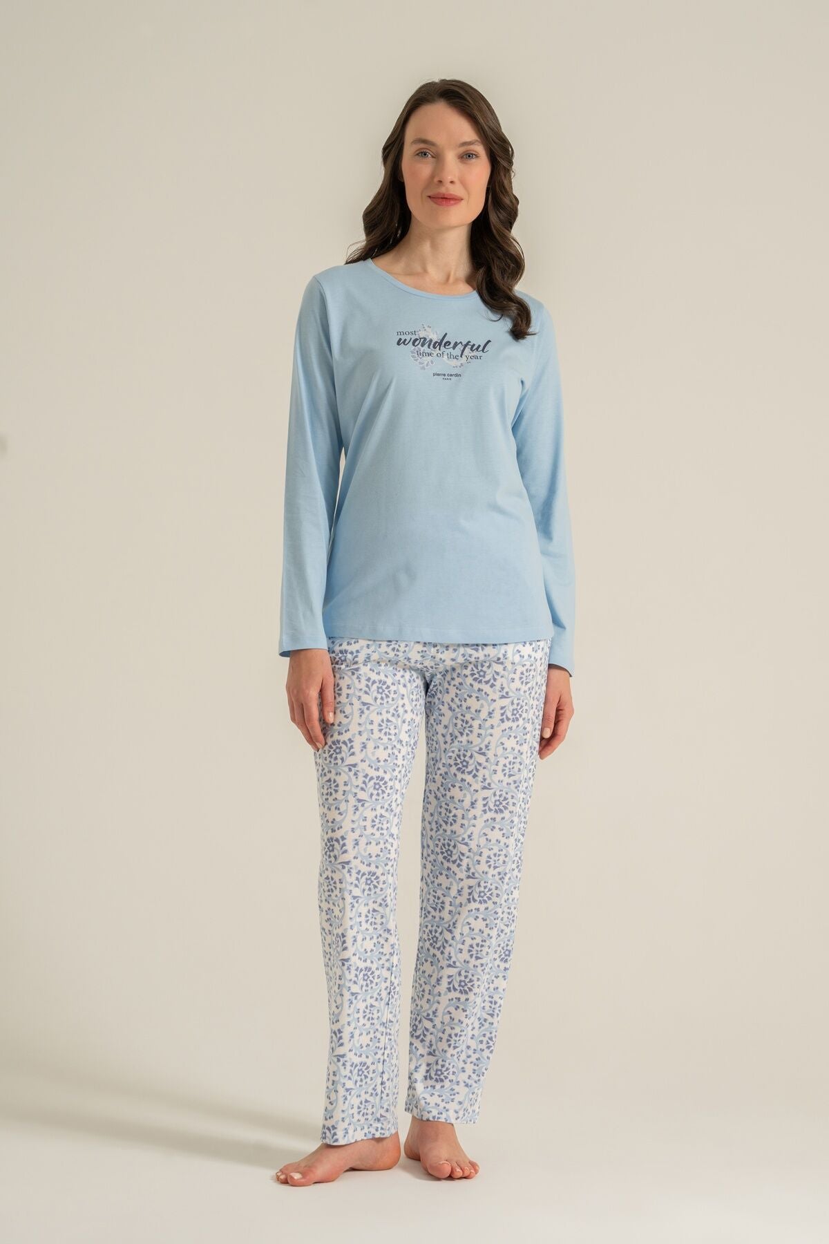 Pierre Cardin Most Wonderful Time Of The Year Kadın Mavi Uzun Kol Pijama Takım PC9269-S-V1