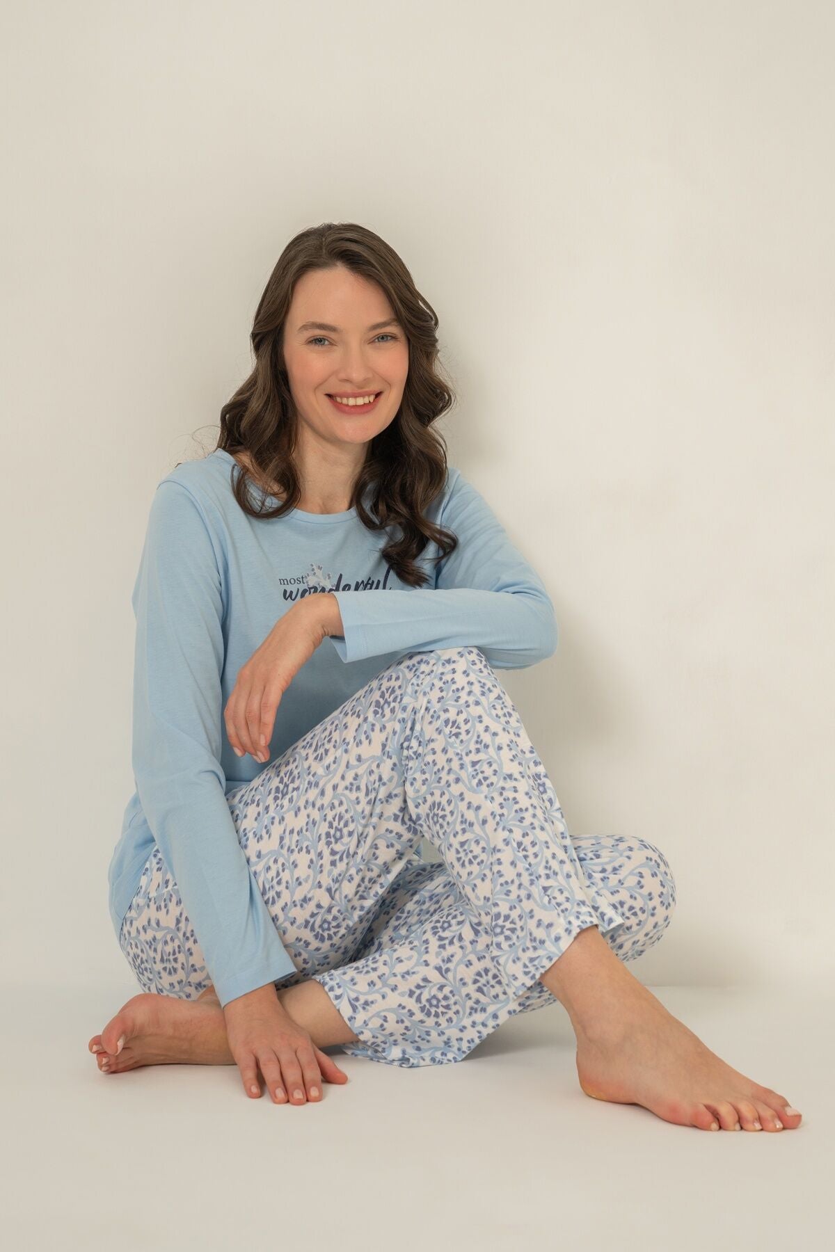 Pierre Cardin Most Wonderful Time Of The Year Kadın Mavi Uzun Kol Pijama Takım PC9269-S-V1