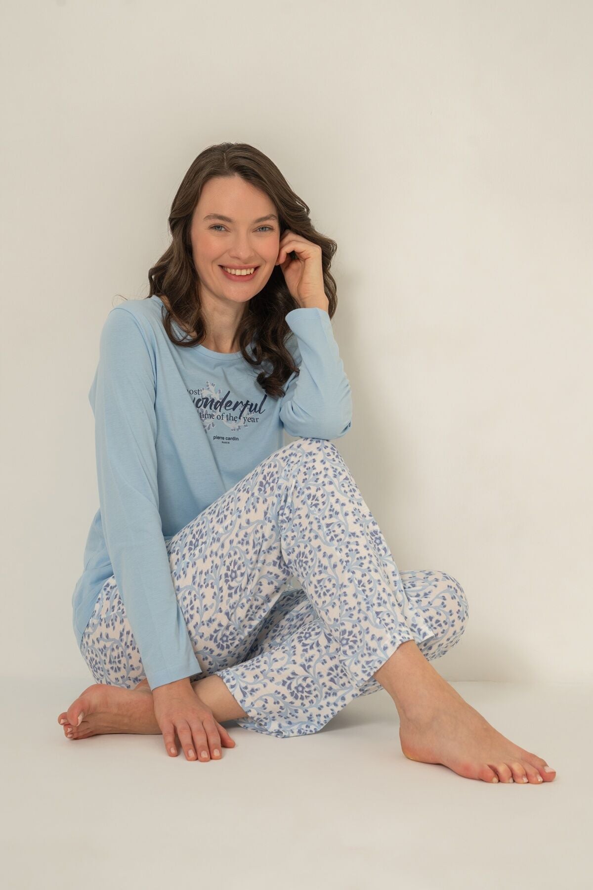 Pierre Cardin Most Wonderful Time Of The Year Kadın Mavi Uzun Kol Pijama Takım PC9269-S-V1