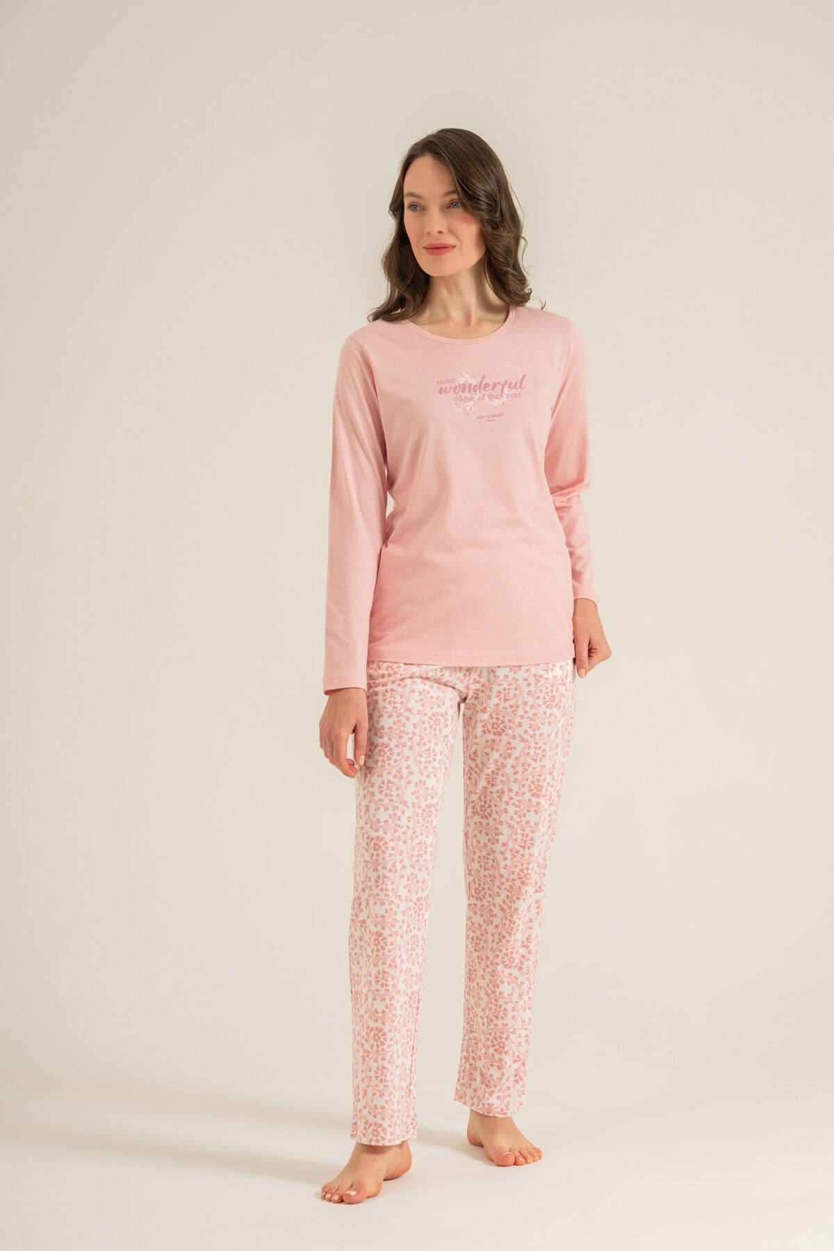 Pierre Cardin Most Wonderful Time Of The Year Kadın Pembe Uzun Kol Pijama Takım PC9269-S-V2
