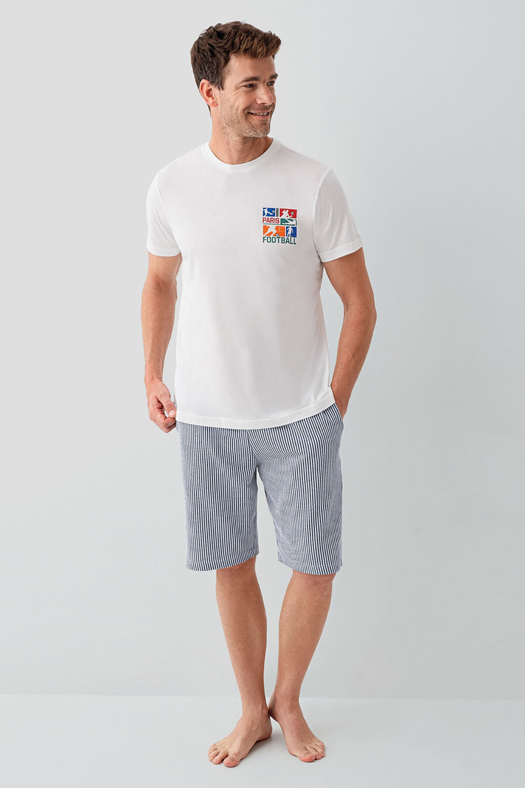 Rolypoly Erkek Bisiklet Yaka Baskılı Yazlık Regular Fit Beyaz Bermuda Takım RP3755-S-V1
