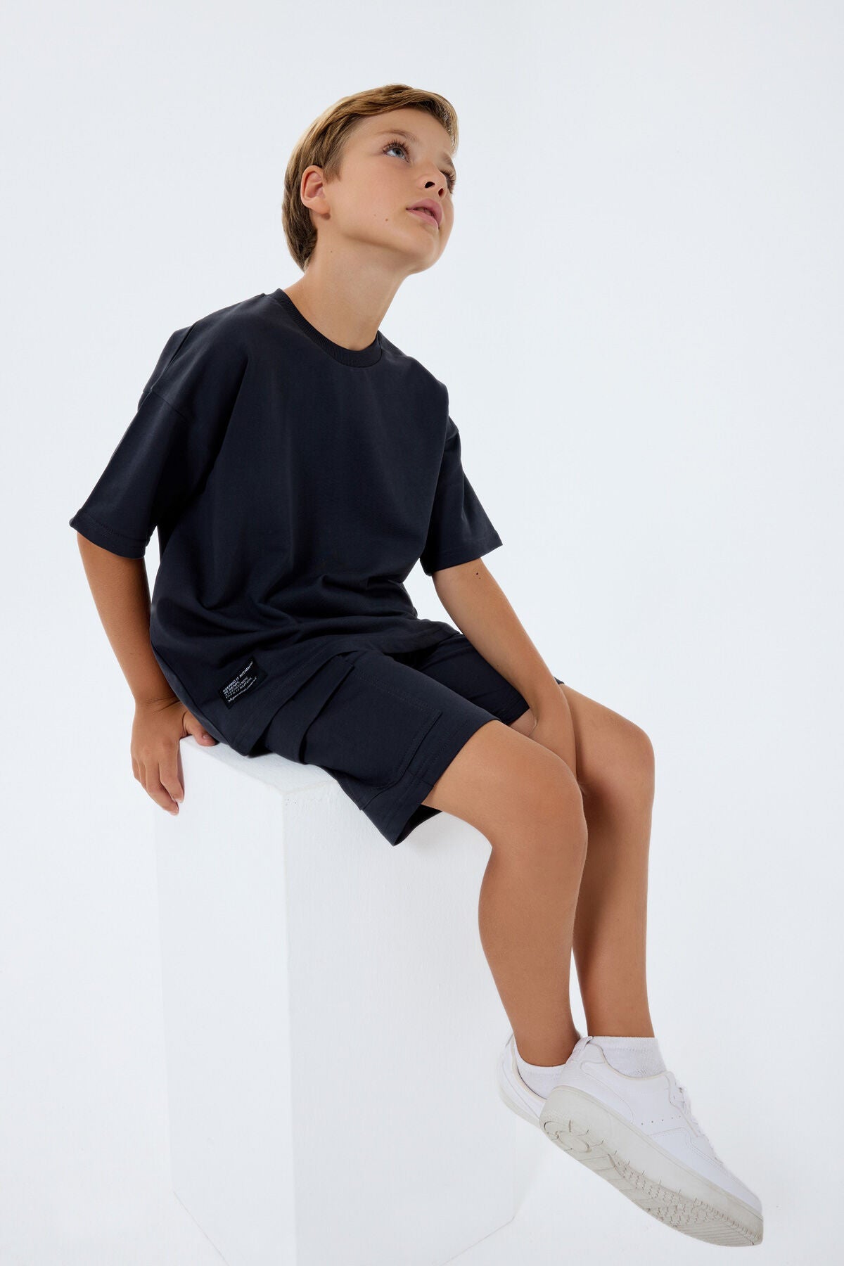 Rolypoly Erkek Çocuk Bisiklet Yaka Baskısız Yazlık Oversize Fit Gri Bermuda Takım RP3765-C-V1 Ürün ana görseli