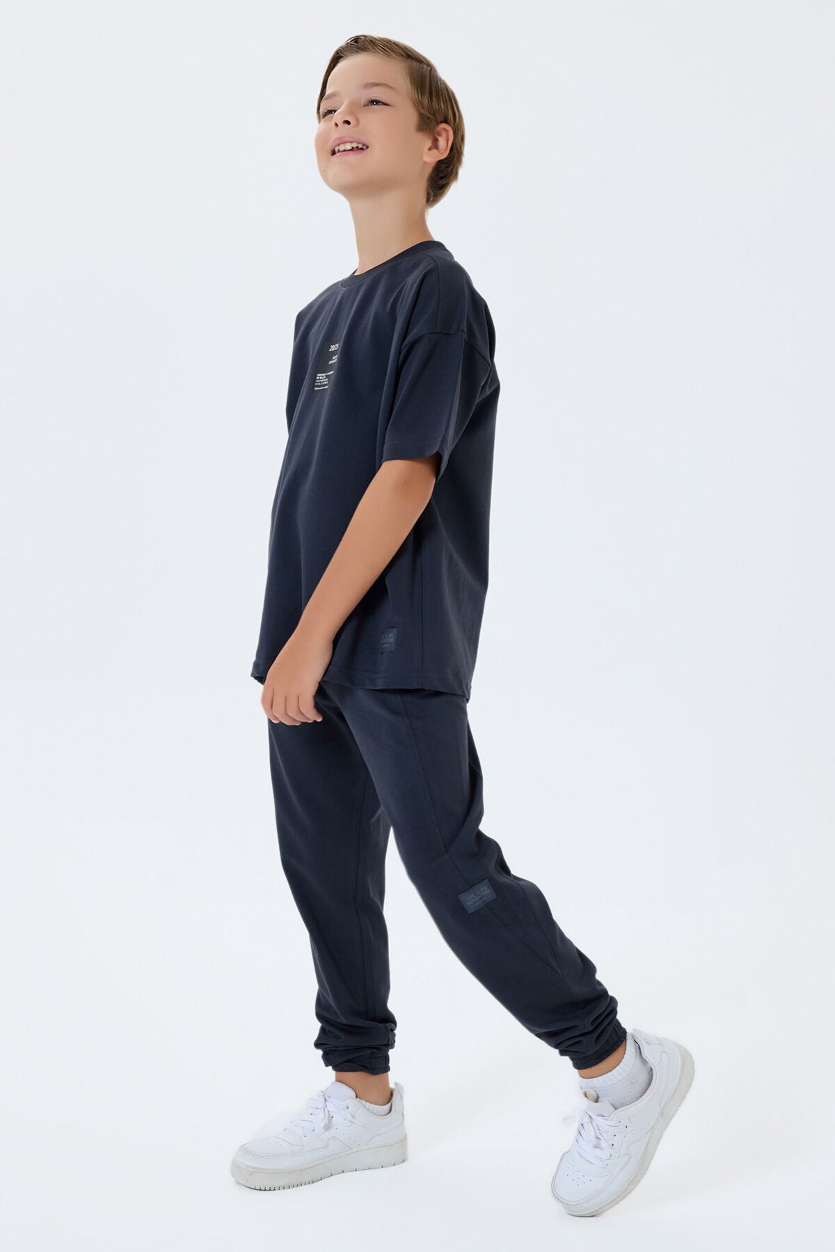 Rolypoly Erkek Çocuk Bisiklet Yaka Baskılı Yazlık Oversize Fit Gri Eşofman Takımı RP3768-C-V2