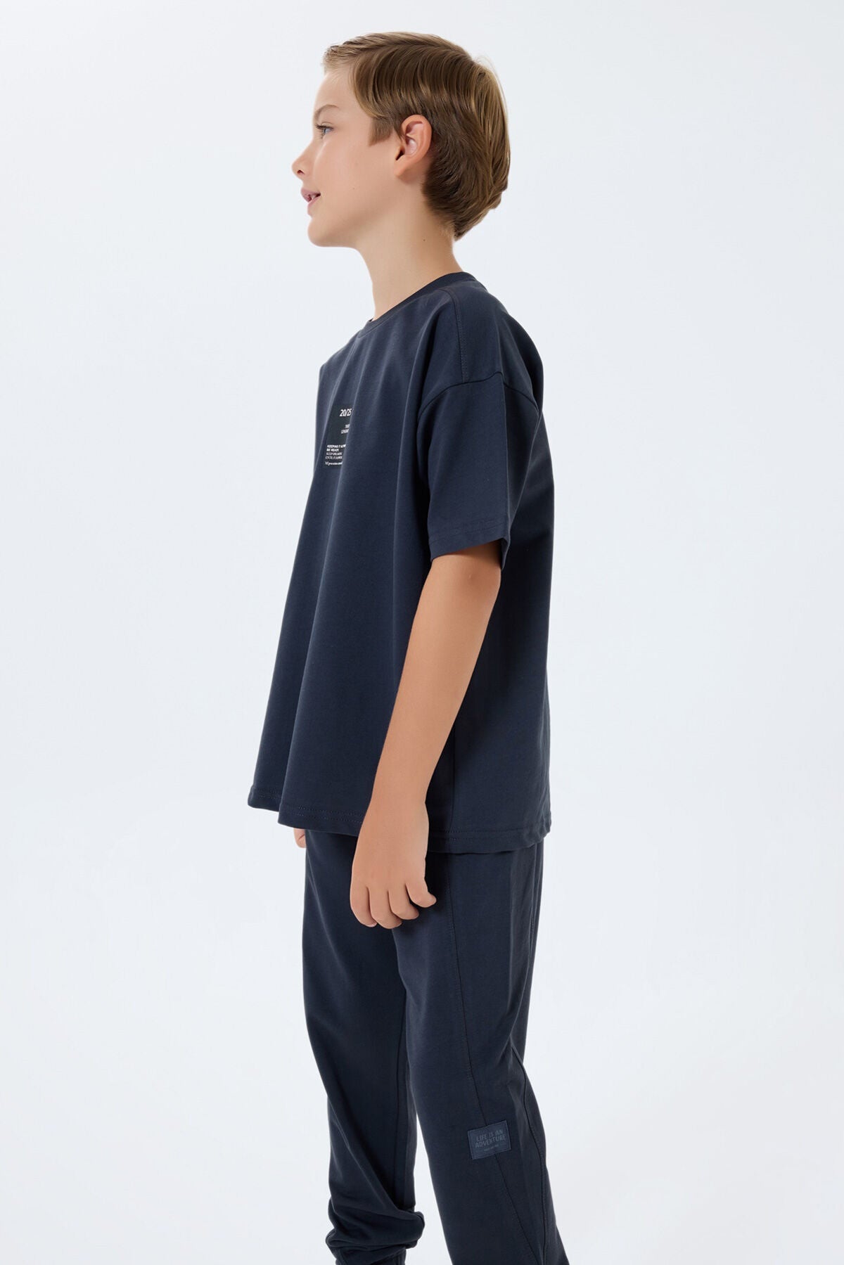 Rolypoly Erkek Çocuk Bisiklet Yaka Baskılı Yazlık Oversize Fit Gri Eşofman Takımı RP3768-C-V2