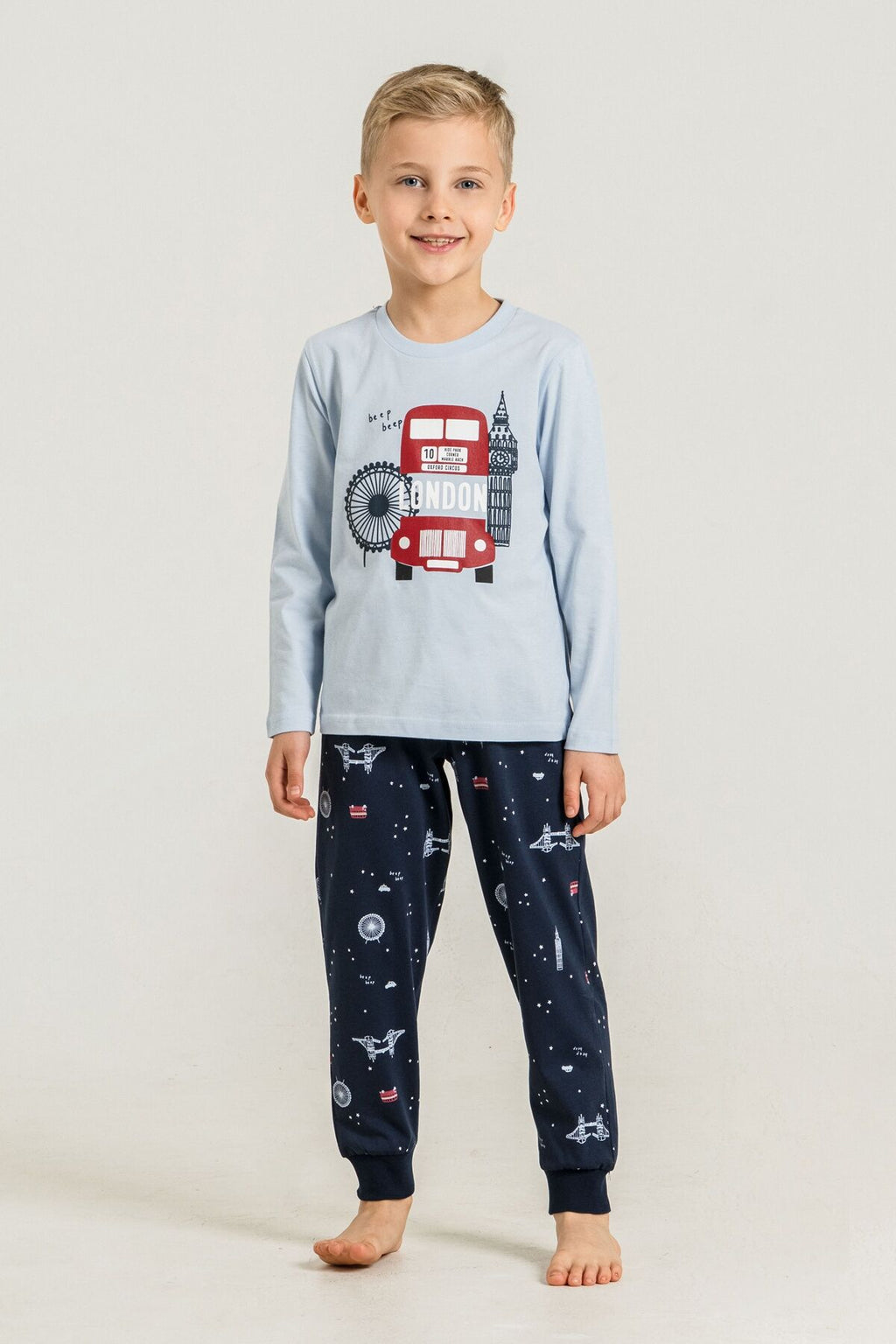 Rolypoly Erkek Çocuk Beep Beep London Bus Mavi Uzun Kol Pijama Takım RP3877-C-V1