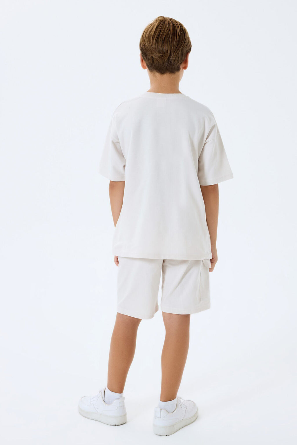 Rolypoly Erkek Çocuk Bisiklet Yaka Baskısız Yazlık Oversize Fit Beyaz Bermuda Takım RP3765-C-V3