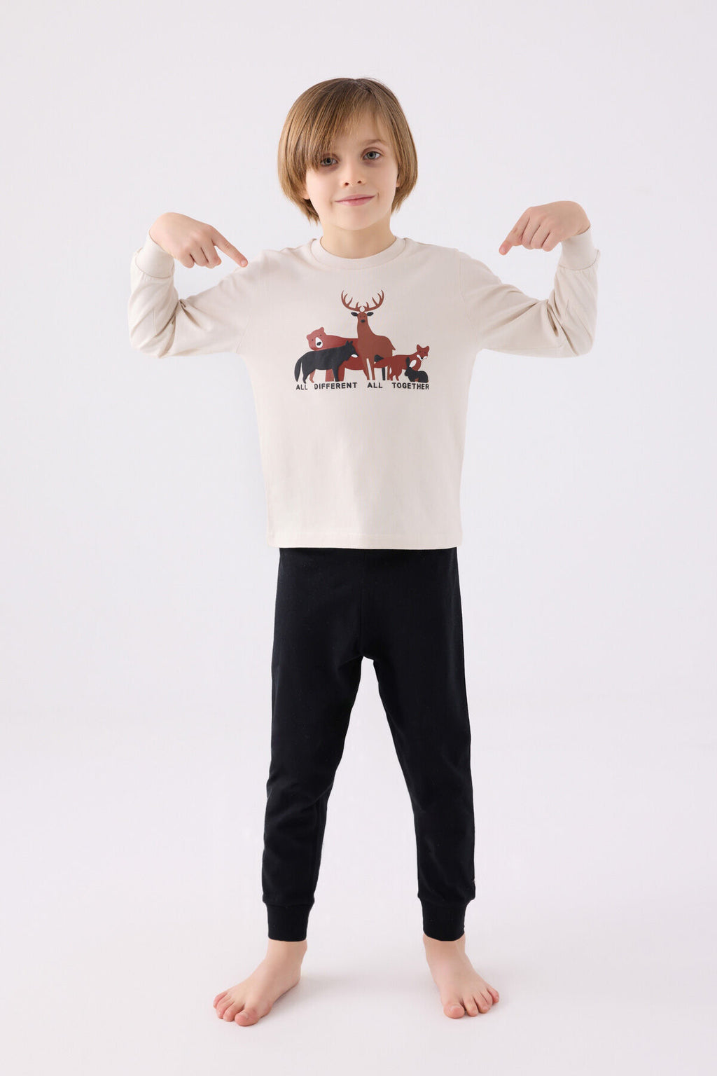 Rolypoly Erkek Çocuk Bisiklet Yaka Pigment Baskılı Kışlık Regular Fit Krem Pijama Takımı RP3452-C-V2