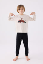 Rolypoly Erkek Çocuk Bisiklet Yaka Pigment Baskılı Kışlık Regular Fit Krem Pijama Takımı RP3452-C-V2